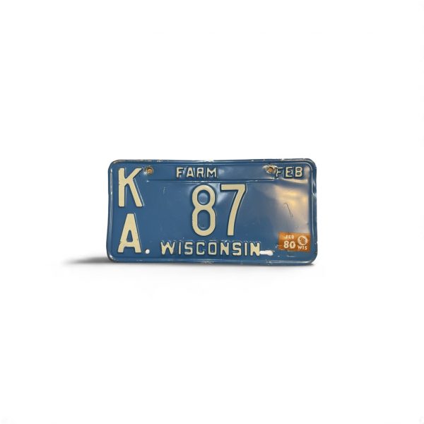 1980 WISCONSIN LICENSE PLATE 87 2-DIGIT LOW NUMBER FARM