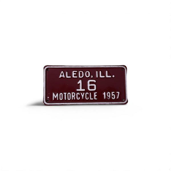 1957 ILLINOIS MOTORCYCLE LICENSE PLATE ALEDO 16 LOW NUMBER 2-DIGIT
