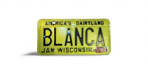 1986 WISCONSIN VANITY LICENSE PLATE BLANCA BOTTOM RIGHT STICKER