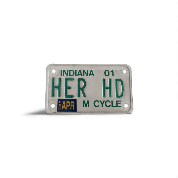 2001 INDIANA VANITY MOTORCYCLE LICENSE PLATE HER HD HARLEY DAVIDSON MOTORCYCLES
