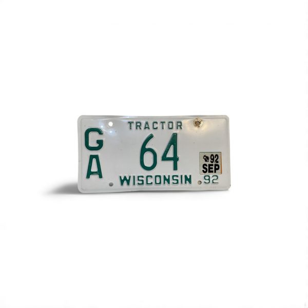 1992 WISCONSIN TRACTOR LOW NUMBER LICENSE PLATE 64 2-DIGIT