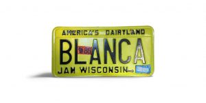 1986 WISCONSIN VANITY LICENSE PLATE BLANCA MIDDLE STICKER