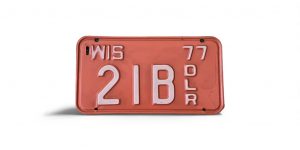 1977 WISCONSIN MOTORCYCLE DEALER LICENSE PLATE 21 B 2-DIGIT LOW NUMBER