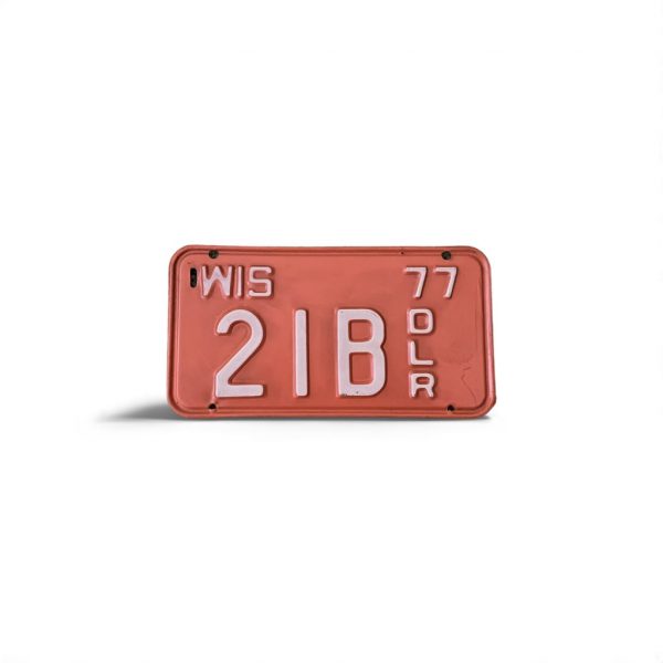 1977 WISCONSIN MOTORCYCLE DEALER LICENSE PLATE 21 B 2-DIGIT LOW NUMBER