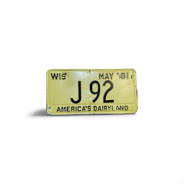 1961 WISCONSIN LOW NUMBER J 92 LICENSE PLATE AMERICA'S DAIRYLAND 2-DIGIT