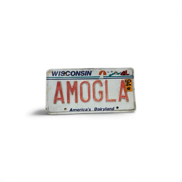 1994 WISCONSIN LICENSE PLATE VANITY ALGOMA SPELLED BACKWARDS