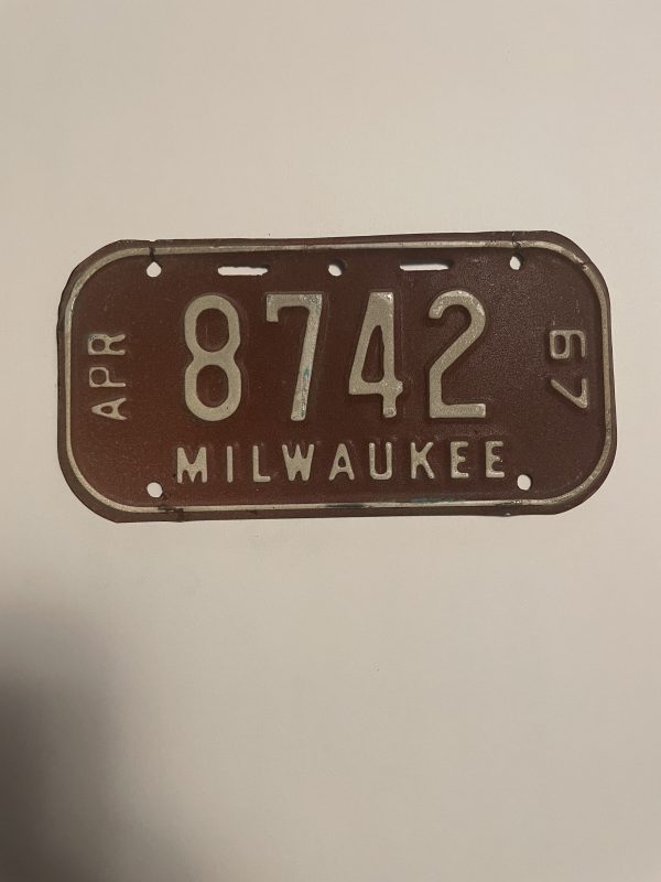 1967 JUNE WISCONSIN MILWAUKEE BICYCLE BIKE LICENSE PLATE 8742